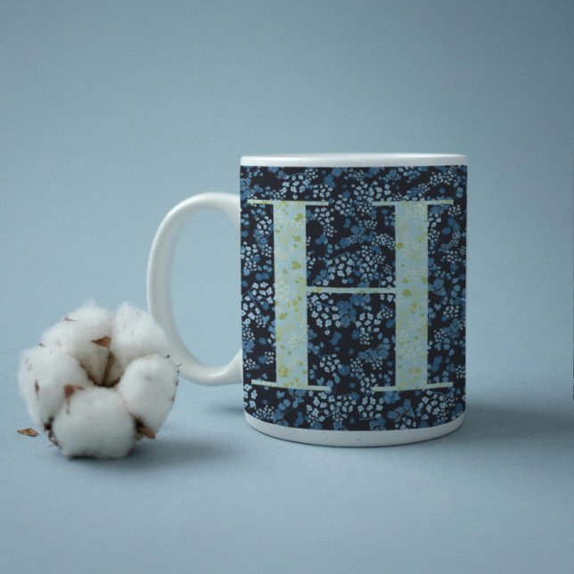 Floral Elegant Klasse Monogram H blau w/Phrase Kaffeetasse (Von Creator hochgeladen)