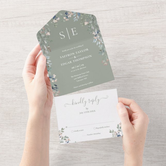 Floral Elegant Monogram Sage Green Wedding All In One Einladung (Abreißen)