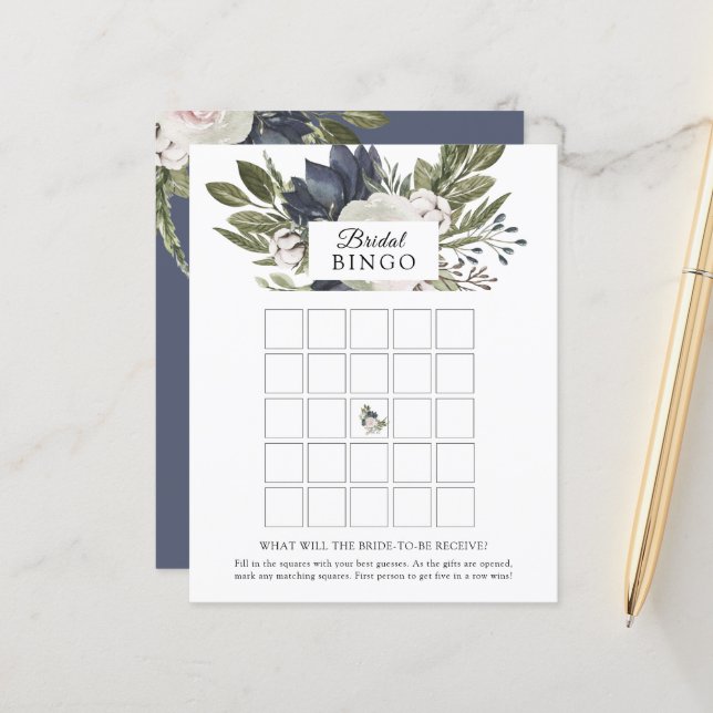 Floral Elegant Navy Blue Bridal Bingo Game Card (Vorderseite/Rückseite Beispiel)