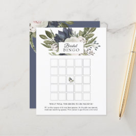 Floral Elegant Navy Blue Bridal Bingo Game Card