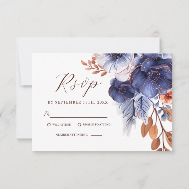 Floral Elegant Navy Blue Terracotta Boho Wedding RSVP Karte (Vorderseite)