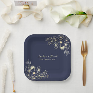 Floral Elegant Navy Blue Wedding Pappteller