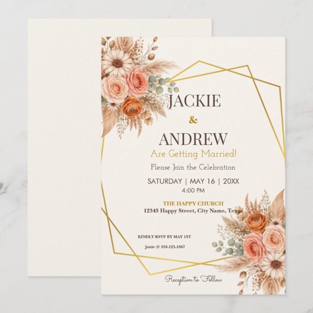 Floral Elegant Simple Botanical Wedding Einladung (Vorne/Hinten)