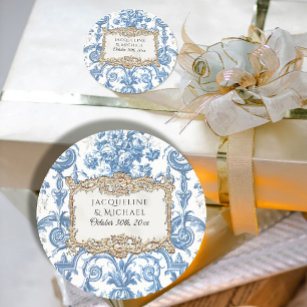 Floral Elegant Vintag Blue White Gold Bridal Runder Aufkleber