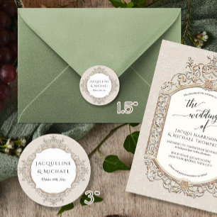 Floral Elegant Vintag Ivory Ecru n Gold Wedding Runder Aufkleber