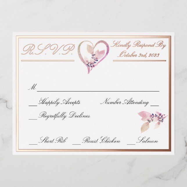 Floral Elegant White Wedding RSVP Rose Gold Folie Einladungspostkarte (Vorderseite)