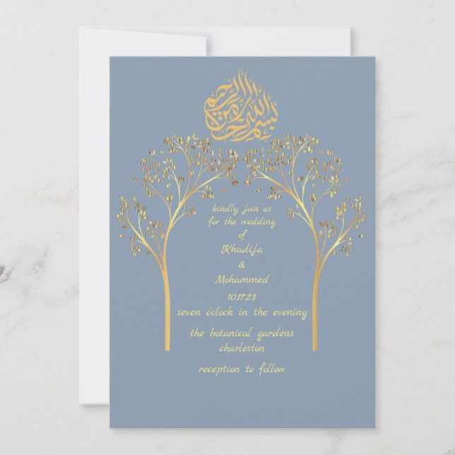 Floral elegante DUSTY BLUE muslime wedung Einladung (Vorderseite)