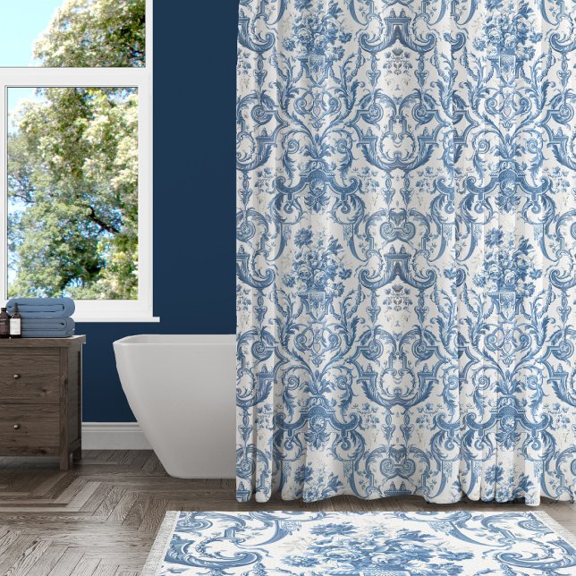 Floral Elegante English Country Hütte Blue White Duschvorhang (Von Creator hochgeladen)