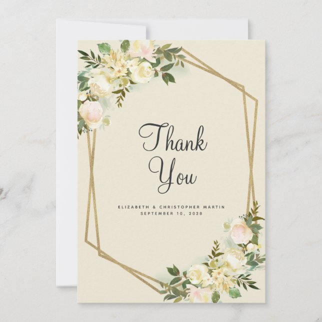 Floral Elegante Hochzeitgoldrahmen Rose Wasserfarb Dankeskarte (Vorderseite)