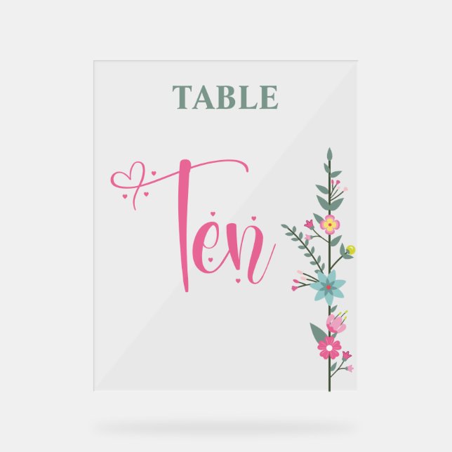 Floral Elegante Liebe Hochzeit Tischnummer TEN Acrylschild (Vorderseite)