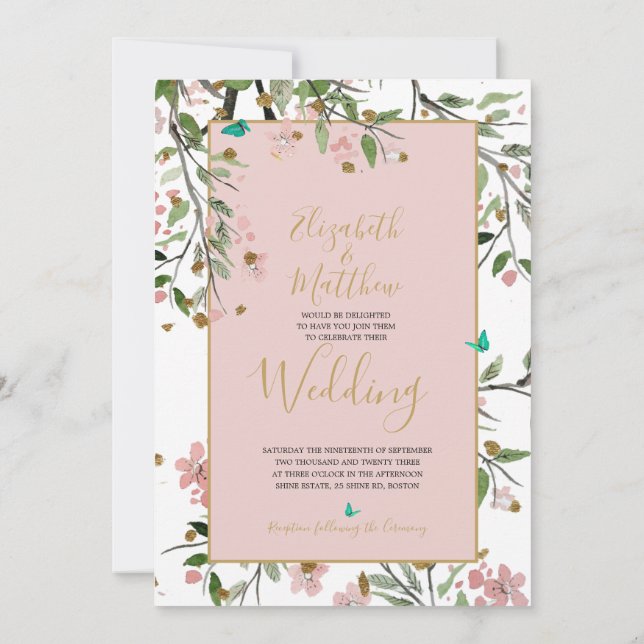 Floral Elegante Rosa Chinoiserie Hochzeit Einladung (Rückseite)