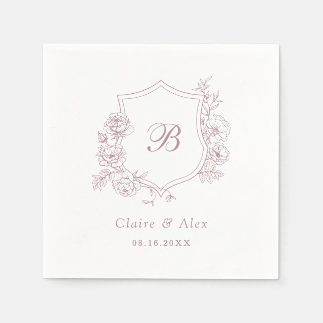 Floral Elegante Rose Wappen Dusty Pink Monogram Serviette (Vorderseite)