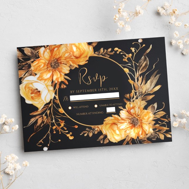 Floral Elegante Schwarze Hochzeit im Herbst RSVP Karte (Floral Elegant Black Fall Wedding RSVP Card)