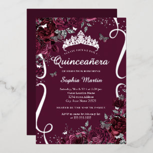 Floral Elegante Scroll Burgund Quinceanera Folieneinladung
