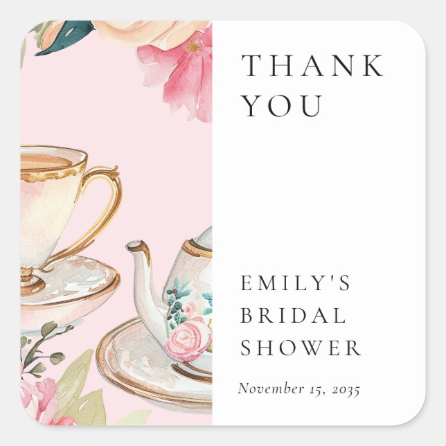 Floral Elegante Tee Party Brautparty Quadratischer Aufkleber (Vorderseite)