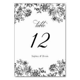 Floral Elegante Vintage Schwarz-weiße Hochzeit Tischnummer