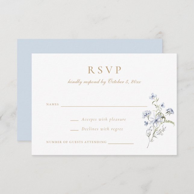 Floral Elegante Wildblumen Dusty Blue Wedding RSVP Einladung (Vorne/Hinten)