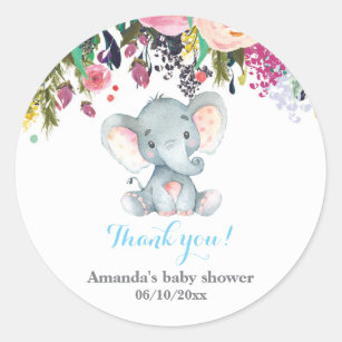 Floral Elephant Baby Dusche Blau Vielen Dank Runder Aufkleber