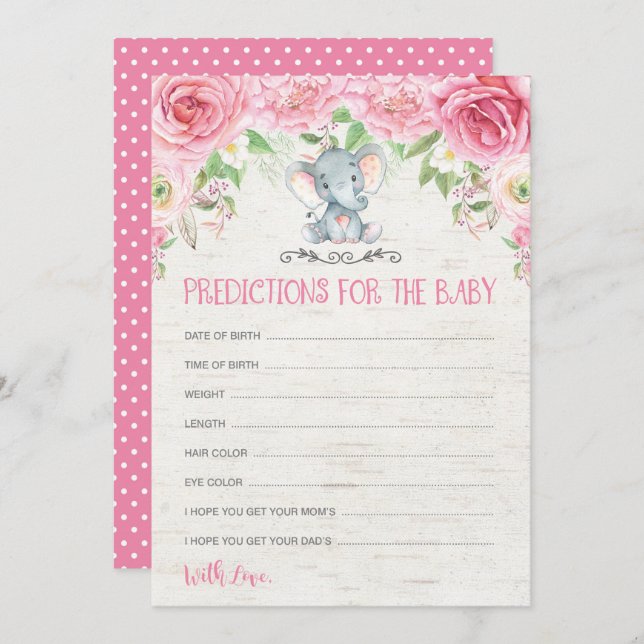 Floral Elephant Baby Shower Game Predictions Card Einladung (Vorne/Hinten)