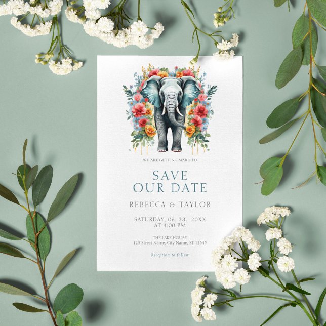 Floral Elephant Bay Blau und Weiß Save the Date Einladung (Von Creator hochgeladen)