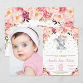 Floral Elephant Christening Taufe Girl Foto Einladung