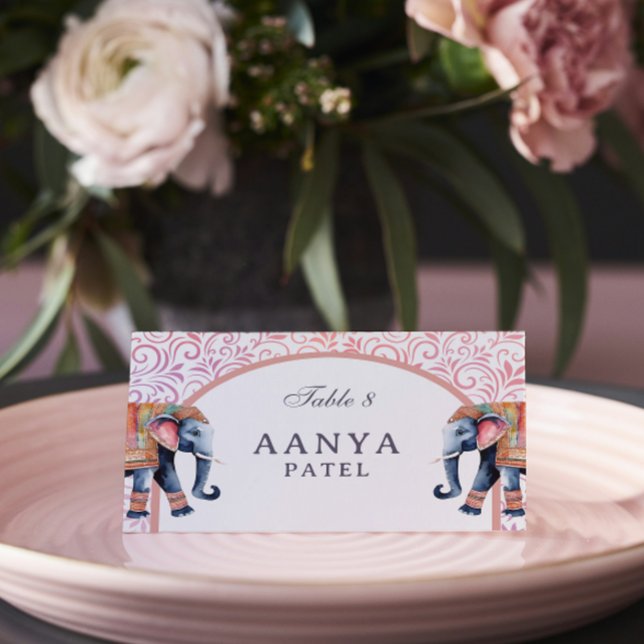 Floral Elephant & Mundap Arch Wedding Escort Name Platzkarte (Indian wedding escort cards, elephant wedding reception sign, hindu wedding reception place cards)