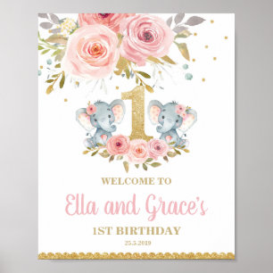 Floral Elephant Twin Girls 1. Geburtstag Willkomme Poster