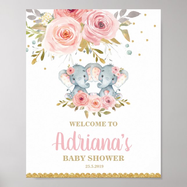 Floral Elephant Twin Girls Babydusche Willkommen Poster (Vorne)