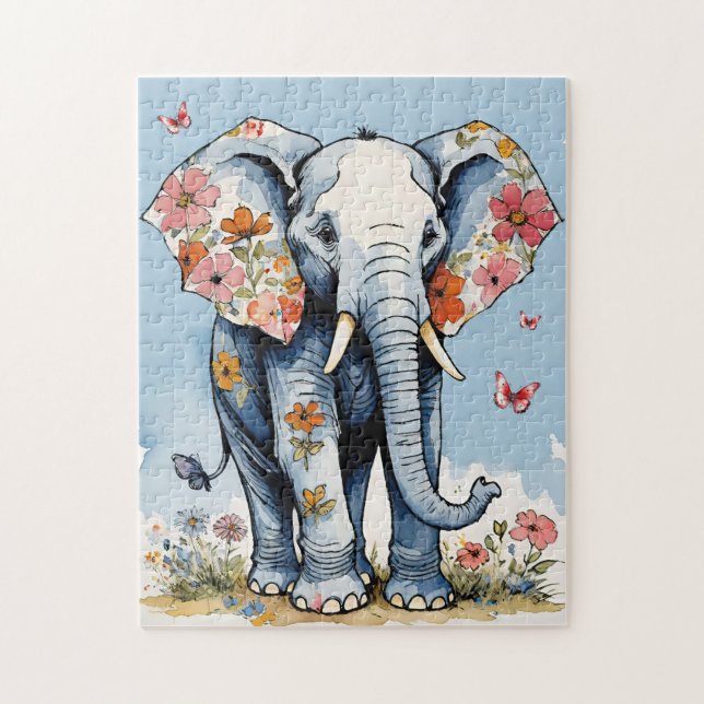 Floral Elephant Wasserfarbe mit Wildblumen Puzzle (Vertikal)