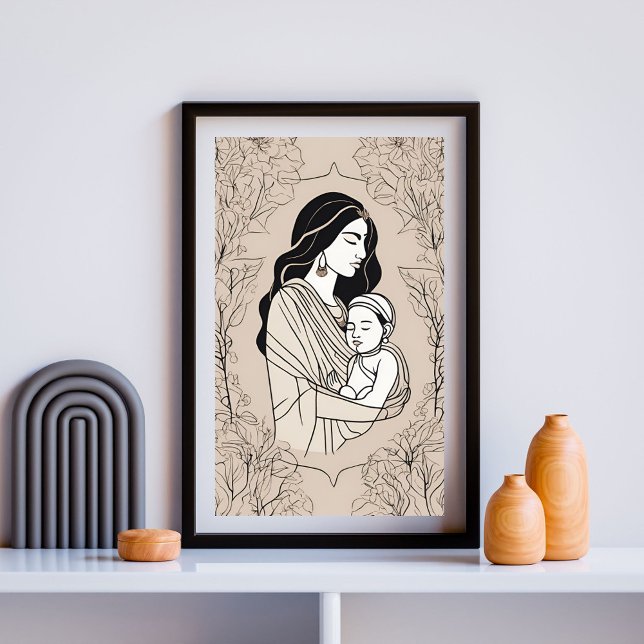 Floral Embrace Mother and Baby Line Art Print Poster (Von Creator hochgeladen)