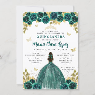 Floral Emerald Gold Butterfly Princess Quinceanera Einladung