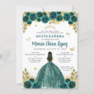 Floral Emerald Gold Butterfly Princess Quinceanera Einladung
