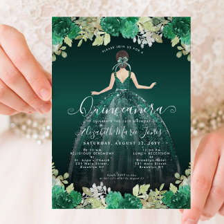 Floral Emerald Green Dress Birthday Quinceanera Einladung