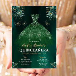 Floral Emerald Green Dress Birthday Quinceanera Einladung