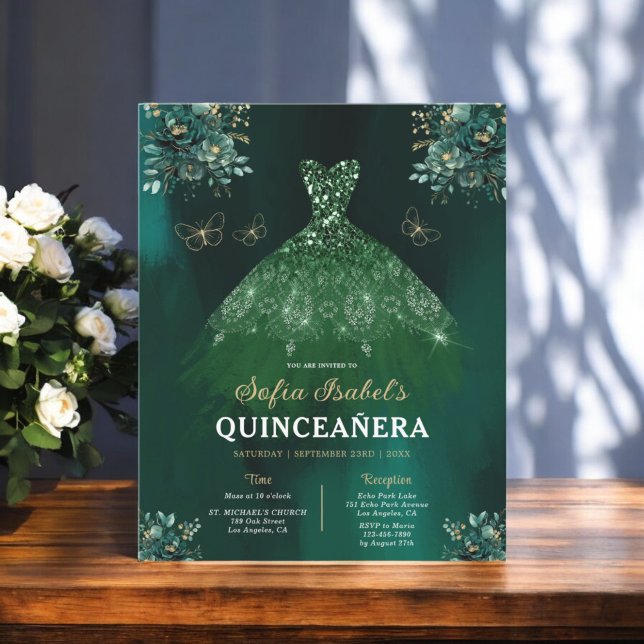 Floral Emerald Green Dress Birthday Quinceanera Flyer (Von Creator hochgeladen)