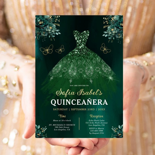 Floral Emerald Green Dress Birthday Quinceanera Folieneinladung (Von Creator hochgeladen)