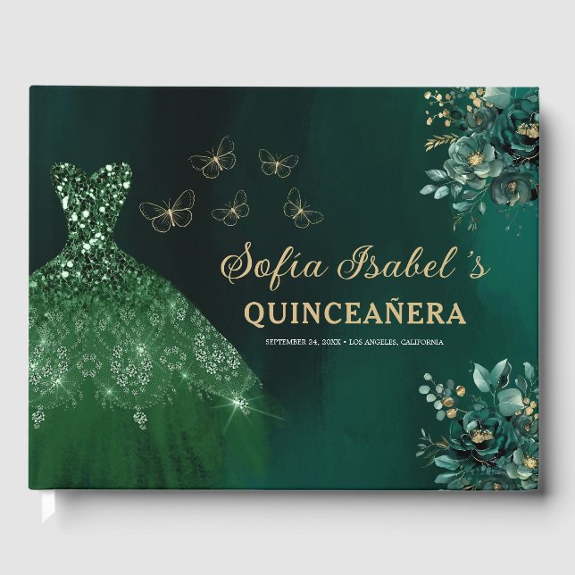 Floral Emerald Green Dress Birthday Quinceanera Gästebuch (Vorderseite)