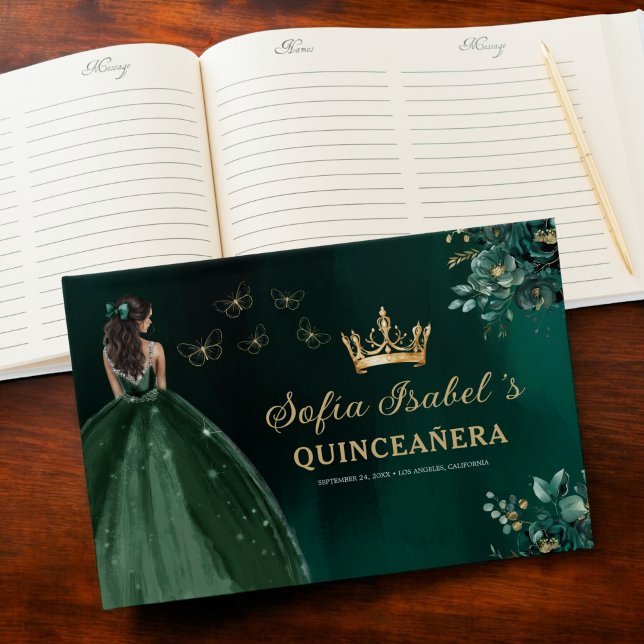 Floral Emerald Green Dress Birthday Quinceanera Gästebuch (Von Creator hochgeladen)