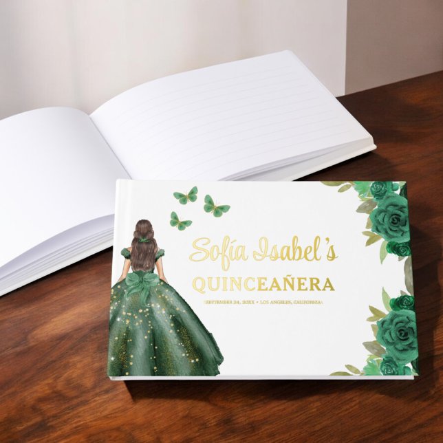 Floral Emerald Green Dress Birthday Quinceanera Gästebuch (Von Creator hochgeladen)
