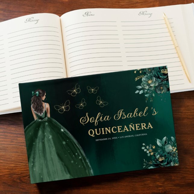Floral Emerald Green Dress Birthday Quinceanera Gästebuch (Von Creator hochgeladen)