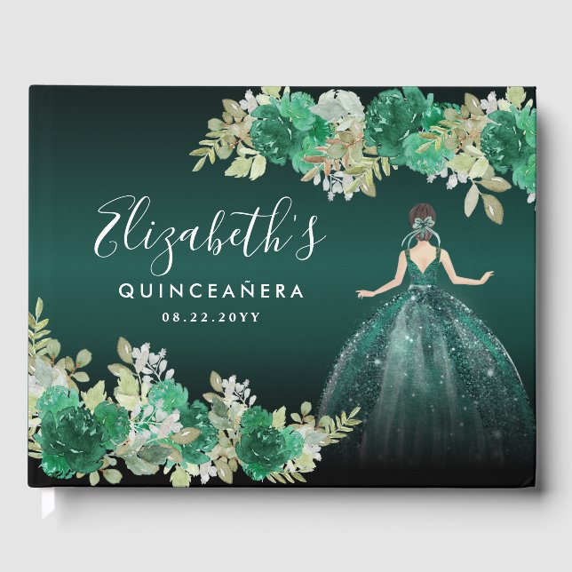 Floral Emerald Green Dress Birthday Quinceanera Gästebuch (Vorderseite)