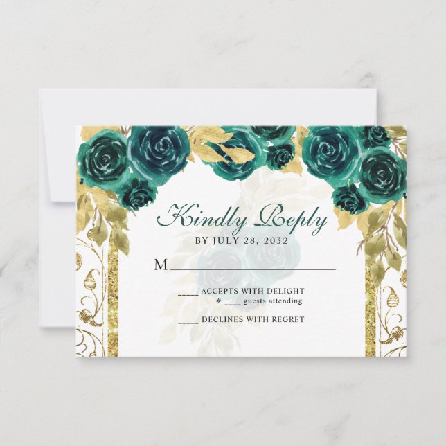 Floral Emerald Green Gold Arch Quinceañera RSVP Karte (Vorderseite)