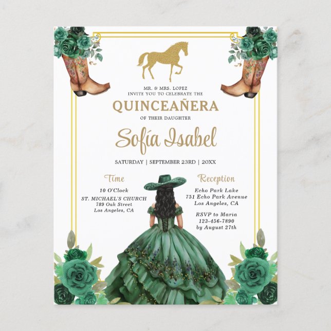 Floral Emerald Green Gold Boots Horse Quinceanera (Vorderseite)