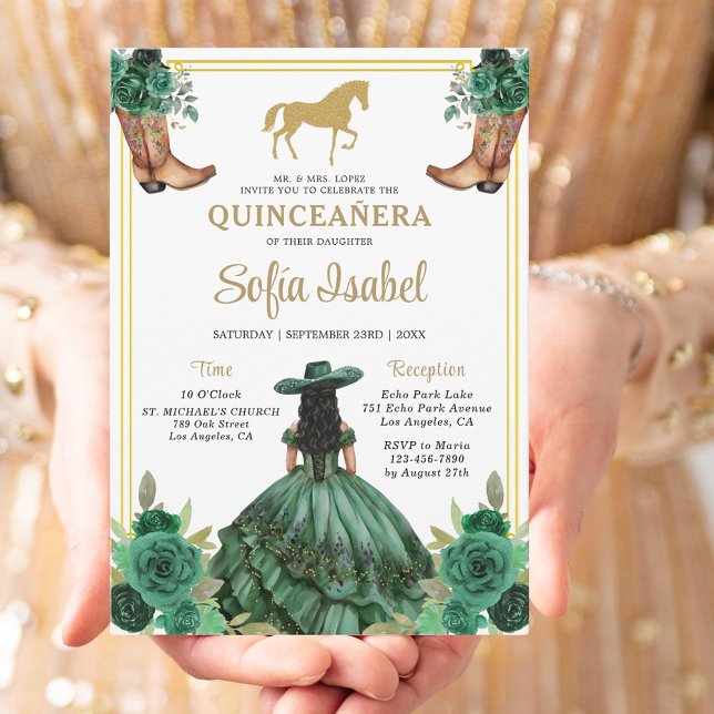 Floral Emerald Green Gold Boots Horse Quinceanera Einladung (Von Creator hochgeladen)