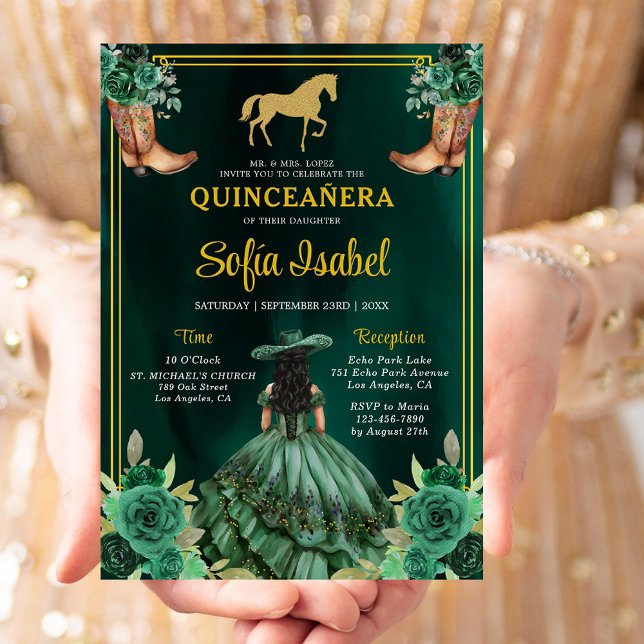 Floral Emerald Green Gold Boots Horse Quinceanera Einladung (Von Creator hochgeladen)