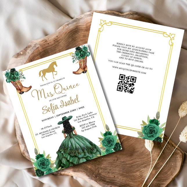 Floral Emerald Green Gold Boots Horse Quinceanera Flyer (Von Creator hochgeladen)