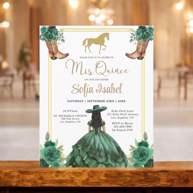 Floral Emerald Green Gold Boots Horse Quinceanera Flyer (Von Creator hochgeladen)