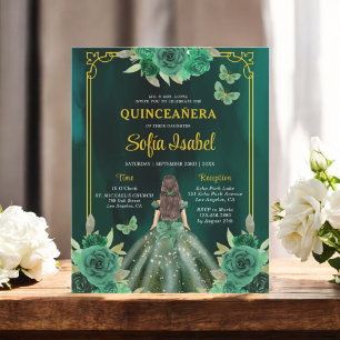 Floral Emerald Green Gold Butterfly Quinceanera