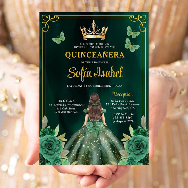 Floral Emerald Green Gold Butterfly Quinceanera Einladung (Von Creator hochgeladen)