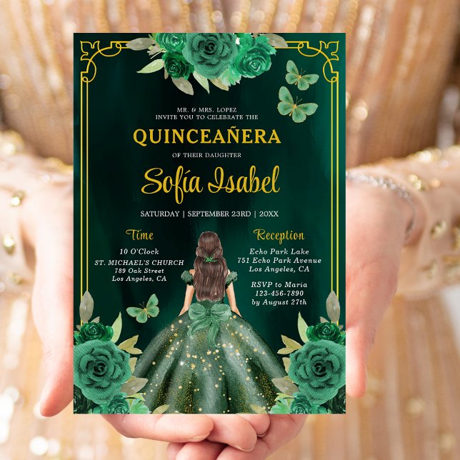 Floral Emerald Green Gold Butterfly Quinceanera Einladung (Von Creator hochgeladen)